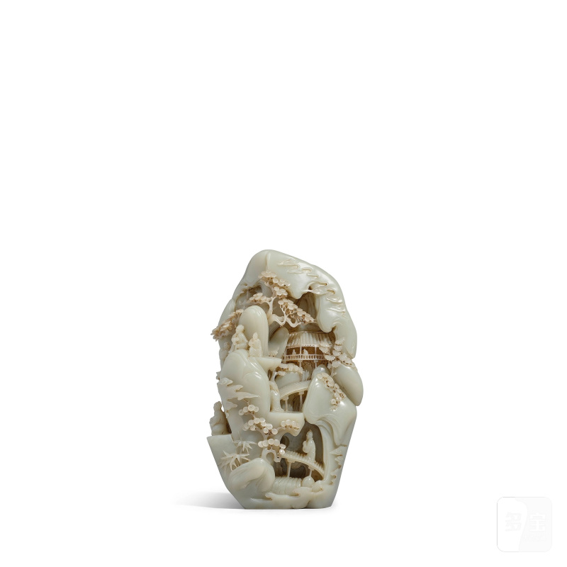二十世紀 青白玉松澗閑居圖山子 | A PALE CELADON JADE 'MOUNTAIN RETREAT' BOULDER - 图3